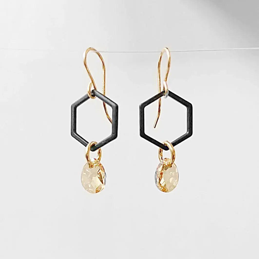 Black Coated Brass Hexagon with Crystals Earrings Regina McGearty