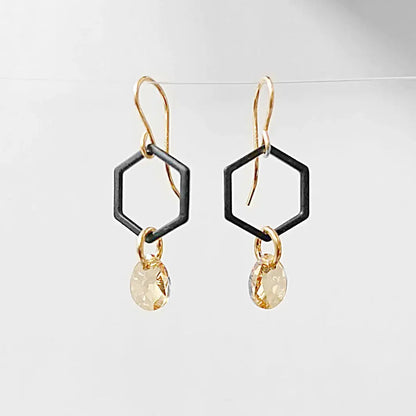 Black Coated Brass Hexagon with Crystals Earrings Regina McGearty