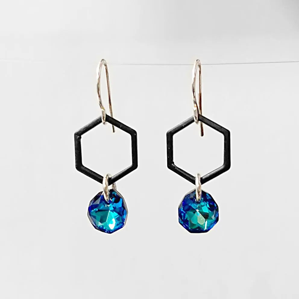 Black Coated Brass Hexagon with Crystals Earrings Regina McGearty