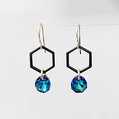 Black Coated Brass Hexagon with Crystals Earrings Regina McGearty