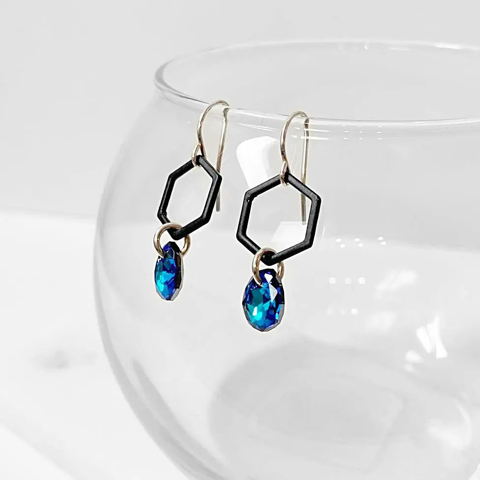 Black Coated Brass Hexagon with Crystals Earrings Regina McGearty