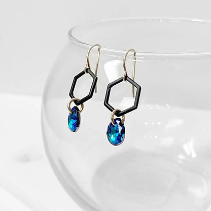 Black Coated Brass Hexagon with Crystals Earrings Regina McGearty