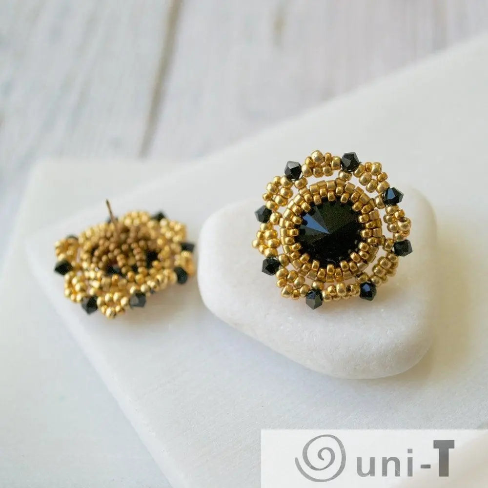 Black and Gold Czech Crystals & Seed Beads Studs Esmeralda Lambert