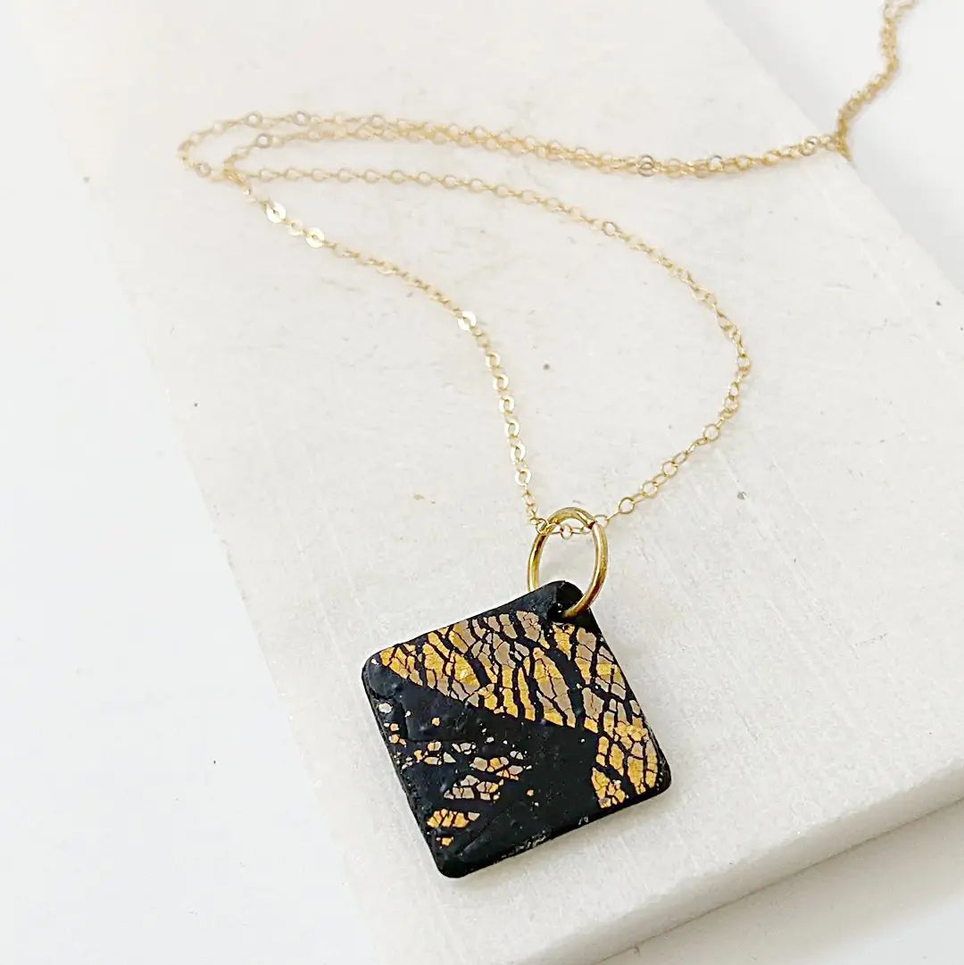 Black and Gold Polymer Clay  Pendant Necklace Sandrine Colson