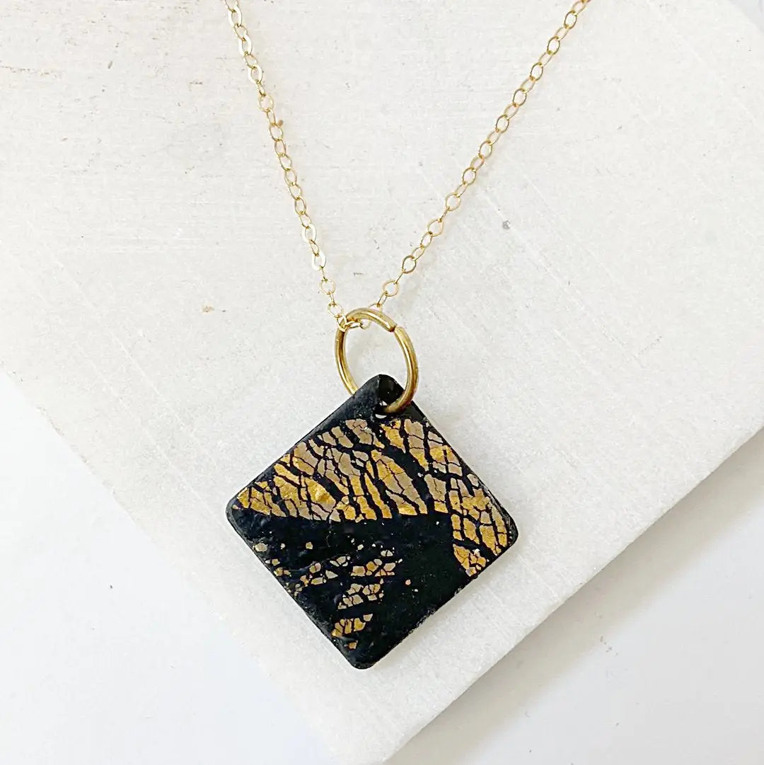 Black and Gold Polymer Clay  Pendant Necklace Sandrine Colson