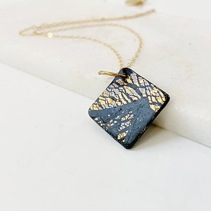Black and Gold Polymer Clay  Pendant Necklace Sandrine Colson