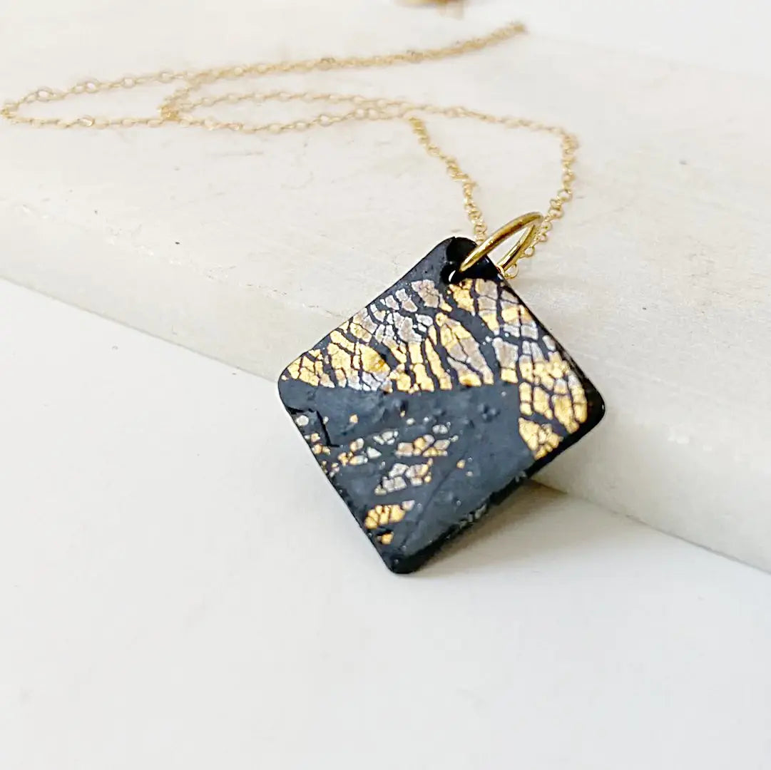 Black and Gold Polymer Clay  Pendant Necklace Sandrine Colson