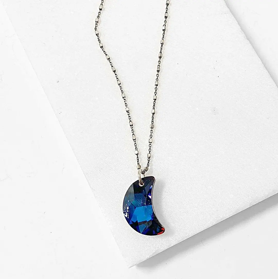 Blue Crystal Moon on Satellite Chain Sterling Silver Necklace Regina McGearty