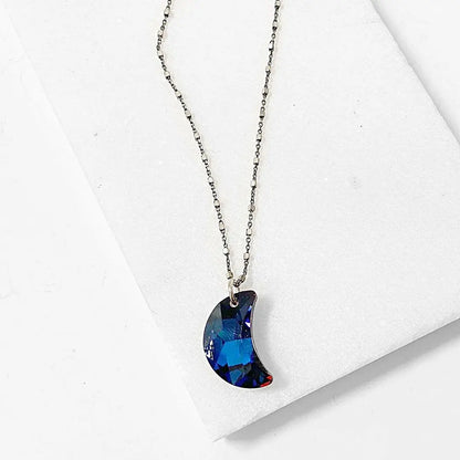 Blue Crystal Moon on Satellite Chain Sterling Silver Necklace Regina McGearty