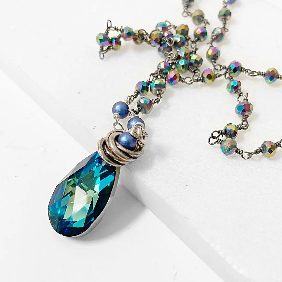 Blue Crystal Teardrop, Rainbow Pyrite Long Sterling Silver Necklace Regina McGearty