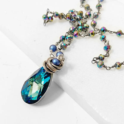 Blue Crystal Teardrop, Rainbow Pyrite Long Sterling Silver Necklace Regina McGearty