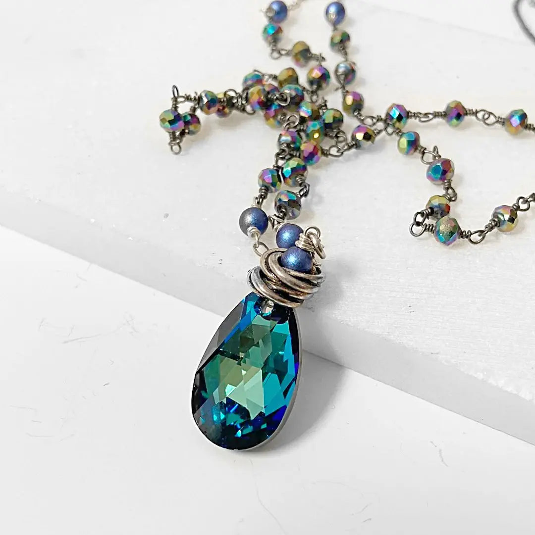Blue Crystal Teardrop, Rainbow Pyrite Long Sterling Silver Necklace Regina McGearty