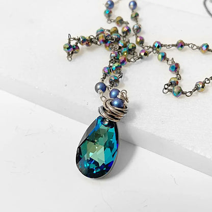 Blue Crystal Teardrop, Rainbow Pyrite Long Sterling Silver Necklace Regina McGearty