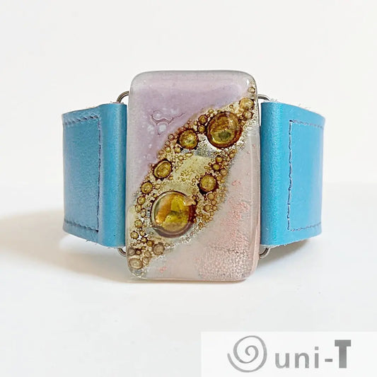 Blue Leather Cuff with Copper Recycled Fused Glass - Narrow Carolina Portillo
