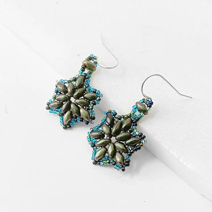 Blue and green medallion earrings featuring amethyst-toned beads and intricate floral design. Handcrafted sterling silver ear wires.