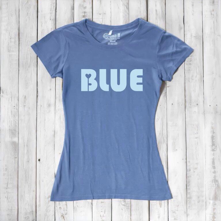 Women's blue T-shirt in bamboo and organic cotton with bold 'BLUE' text on front. Eco-friendly casual wear by Uni-T for stylish everyday outfits.