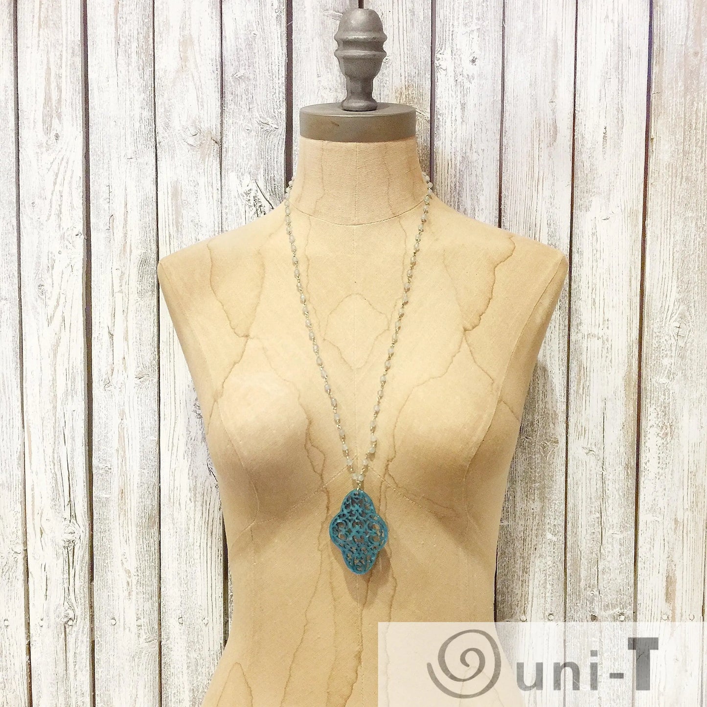 Boho Vintage Lucite Charm Necklace in Hand Wrapped Beaded Chain Lisa Trachtman