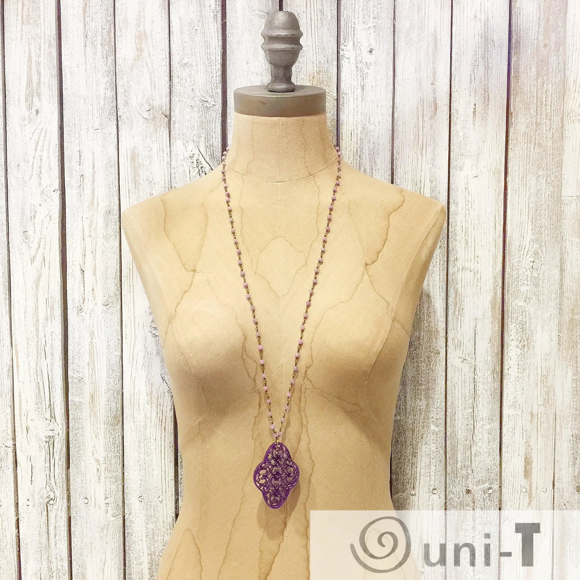 Boho Vintage Lucite Charm Necklace in Hand Wrapped Beaded Chain Lisa Trachtman