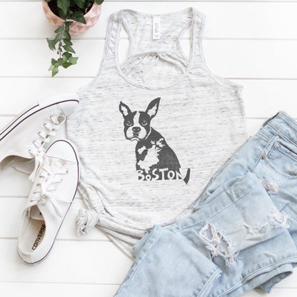 Boston Terrier flowy tank top for women in heather white, styled with ripped jeans and sneakers. Eco-friendly Boston souvenir apparel.