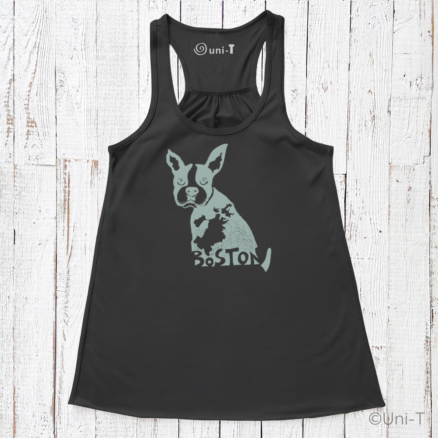 Black Boston Terrier racerback tank top for women featuring Boston city map design. Soft, eco-friendly souvenir clothing.