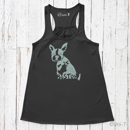 Black Boston Terrier racerback tank top for women featuring Boston city map design. Soft, eco-friendly souvenir clothing.
