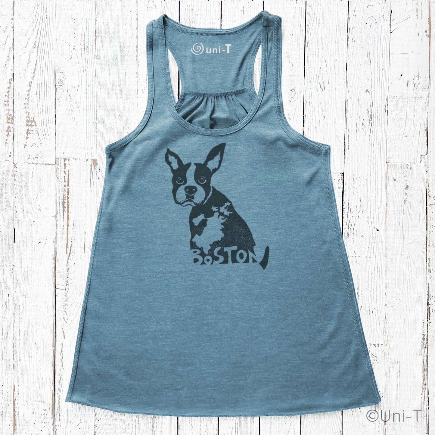 Blue Boston Terrier flowy tank top for women with city map graphic. Lightweight and sustainable Boston-themed gift top.