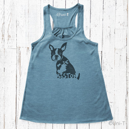 Blue Boston Terrier flowy tank top for women with city map graphic. Lightweight and sustainable Boston-themed gift top.