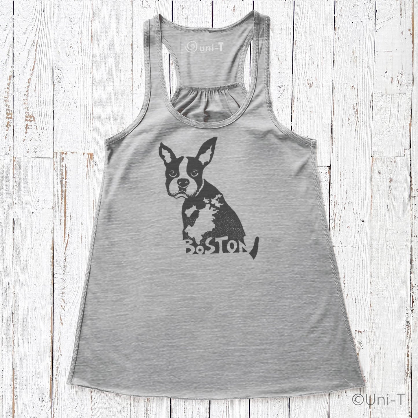 Heather gray Boston Terrier racerback tank top for women with Boston city print. Eco-conscious and stylish souvenir wear.