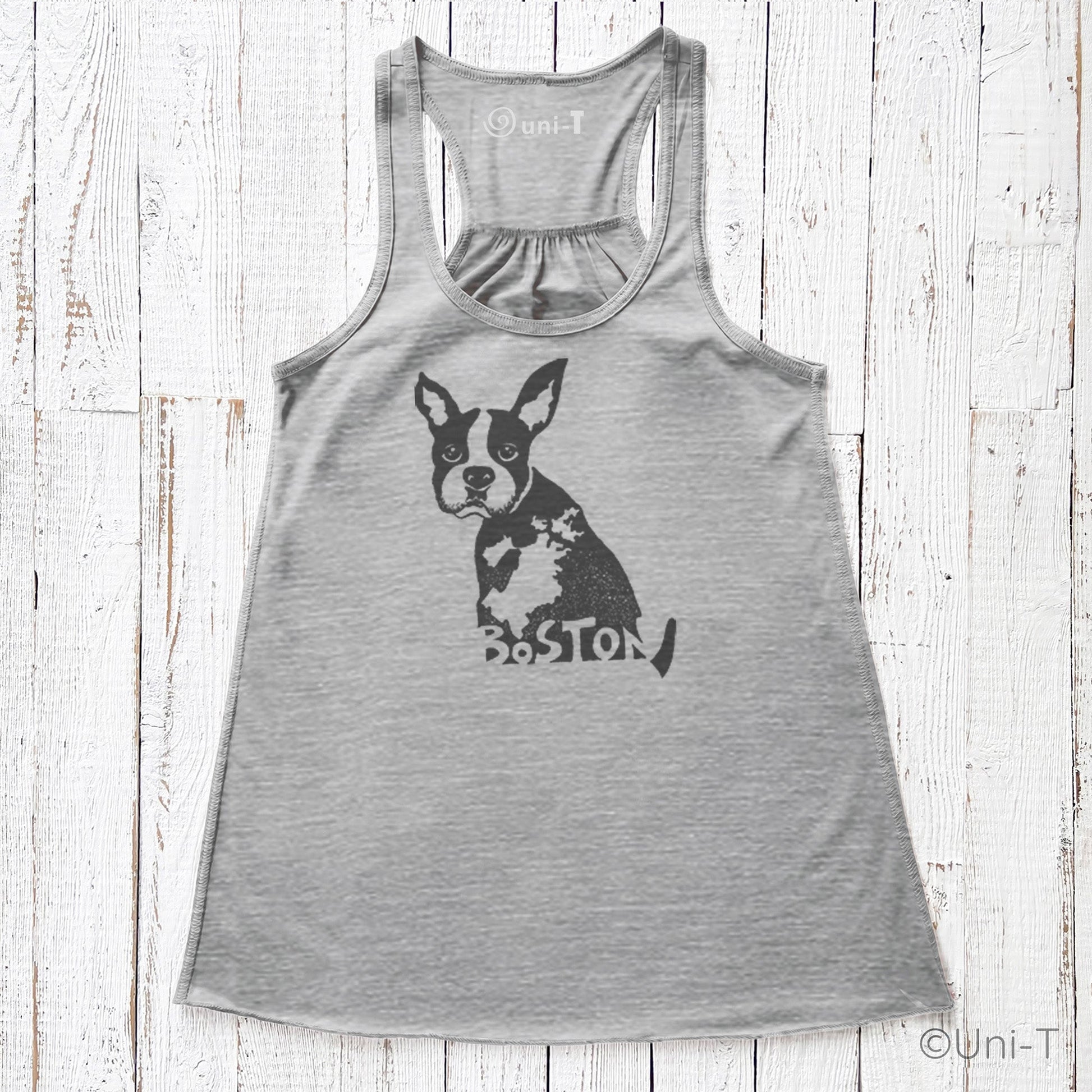 Heather gray Boston Terrier racerback tank top for women with Boston city print. Eco-conscious and stylish souvenir wear.