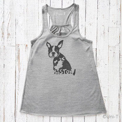 Heather gray Boston Terrier racerback tank top for women with Boston city print. Eco-conscious and stylish souvenir wear.