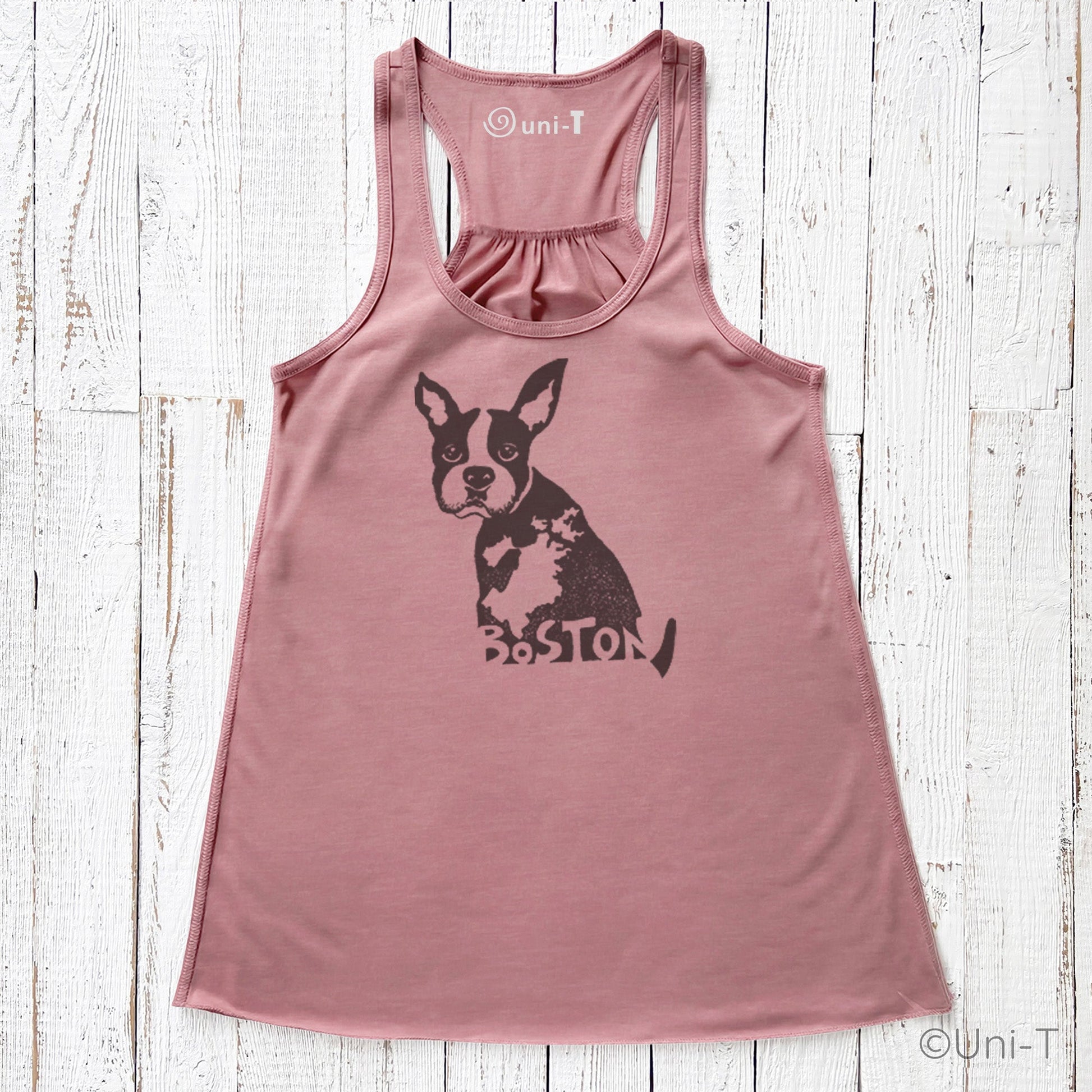 Mauve Boston Terrier flowy tank top for women with bold Boston text. Perfect soft and eco-friendly tourist gift.