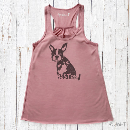 Mauve Boston Terrier flowy tank top for women with bold Boston text. Perfect soft and eco-friendly tourist gift.