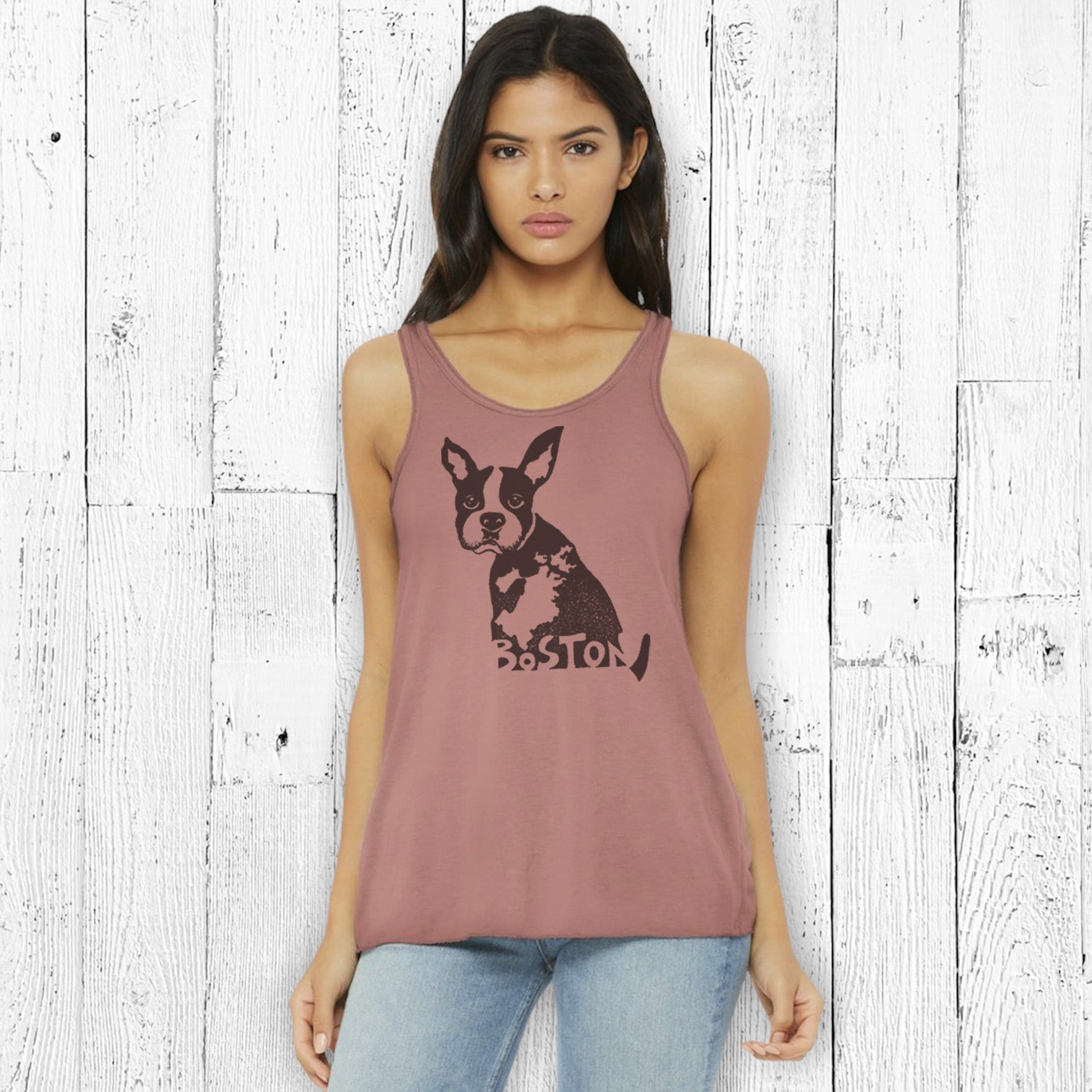 Model wearing mauve Boston Terrier tank top for women with city map design. Ideal Boston souvenir and casual wear.