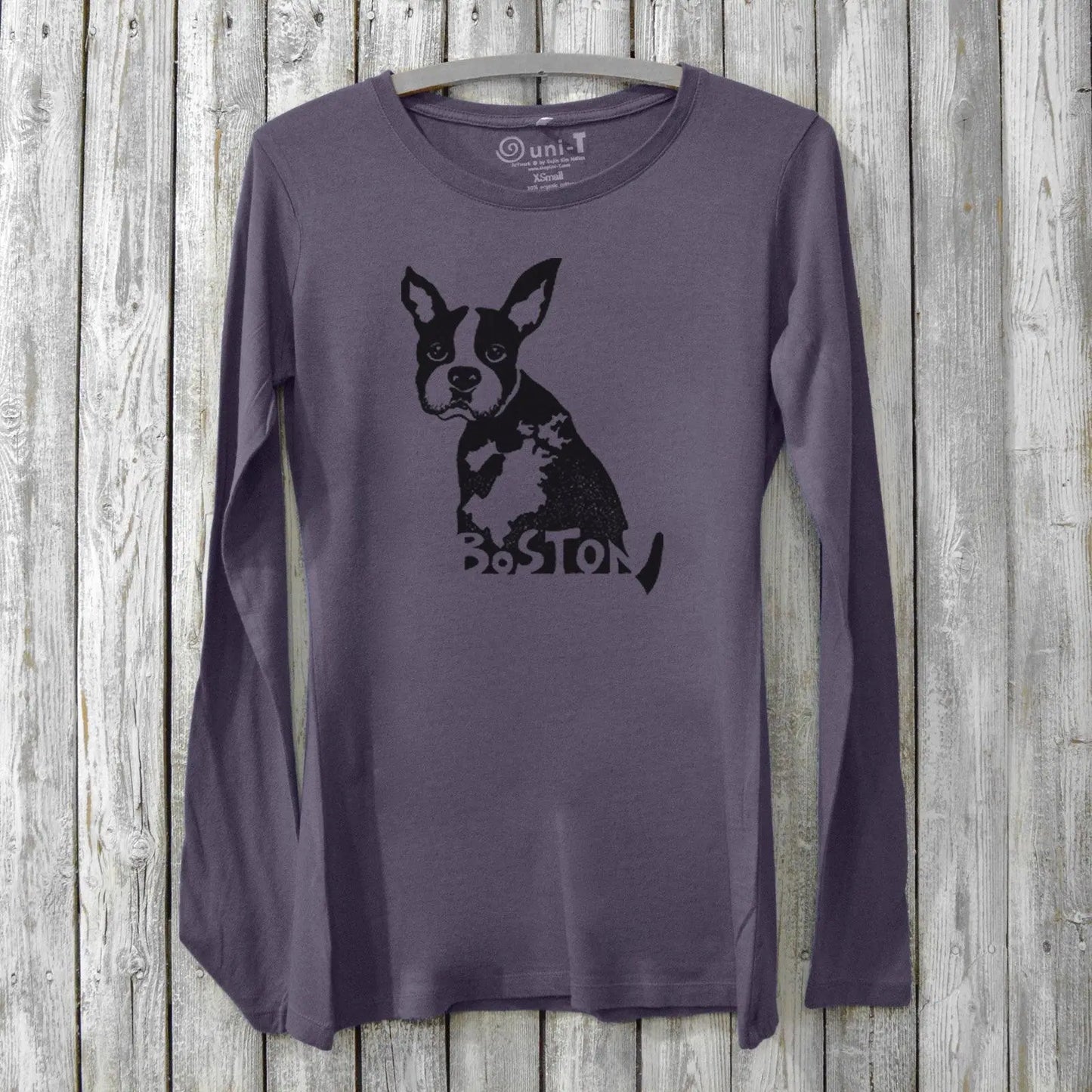 Women's Boston Terrier long sleeve t-shirt in dark purple bamboo and organic cotton with 'Boston' dog graphic. Cozy Massachusetts pride tee for dog lovers.
