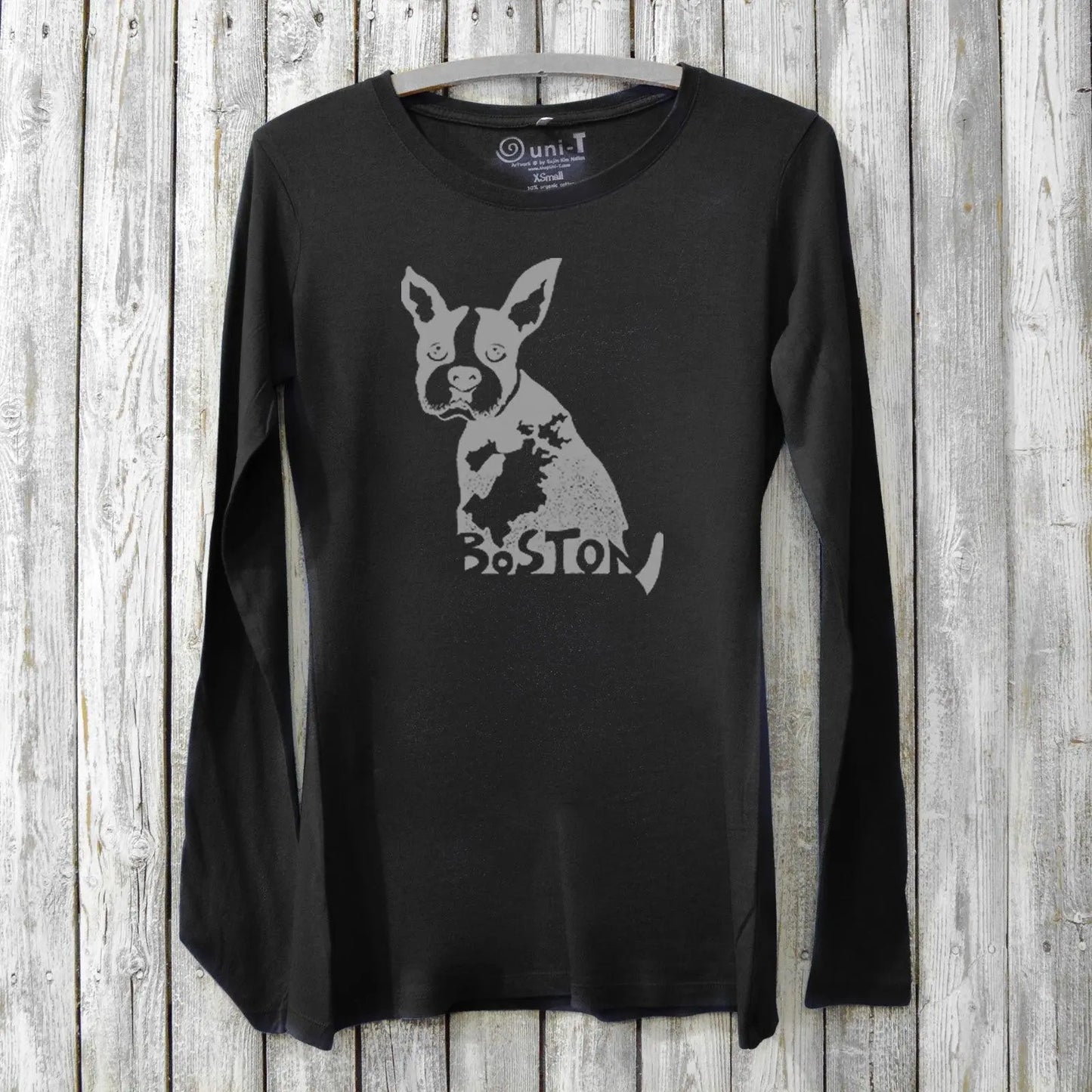 Black women's Boston Terrier graphic long sleeve tee made from bamboo and organic cotton. Stylish and soft Massachusetts-themed dog lover shirt.