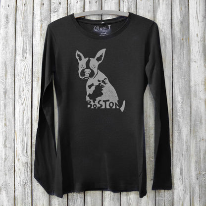 Black women's Boston Terrier graphic long sleeve tee made from bamboo and organic cotton. Stylish and soft Massachusetts-themed dog lover shirt.