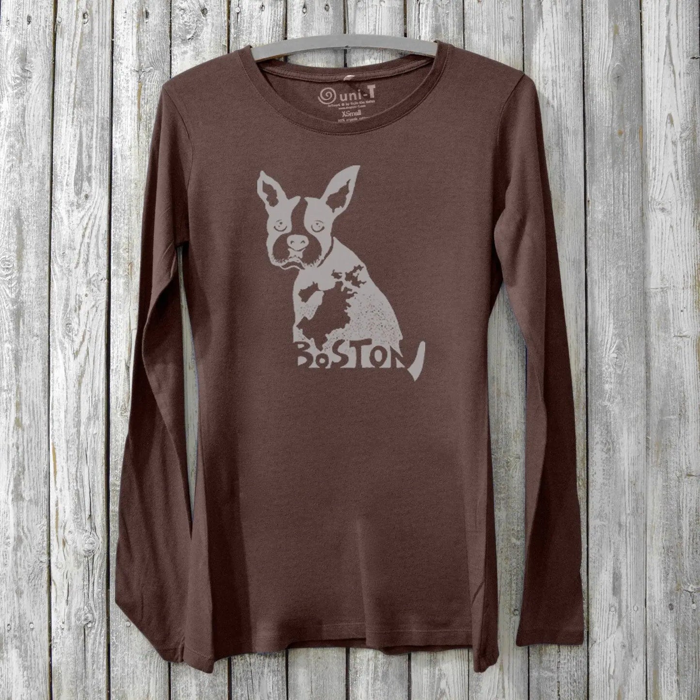 Dark brown women's long sleeve t-shirt with Boston Terrier and Boston map print. Eco-friendly bamboo and cotton blend, ideal for hometown pride.