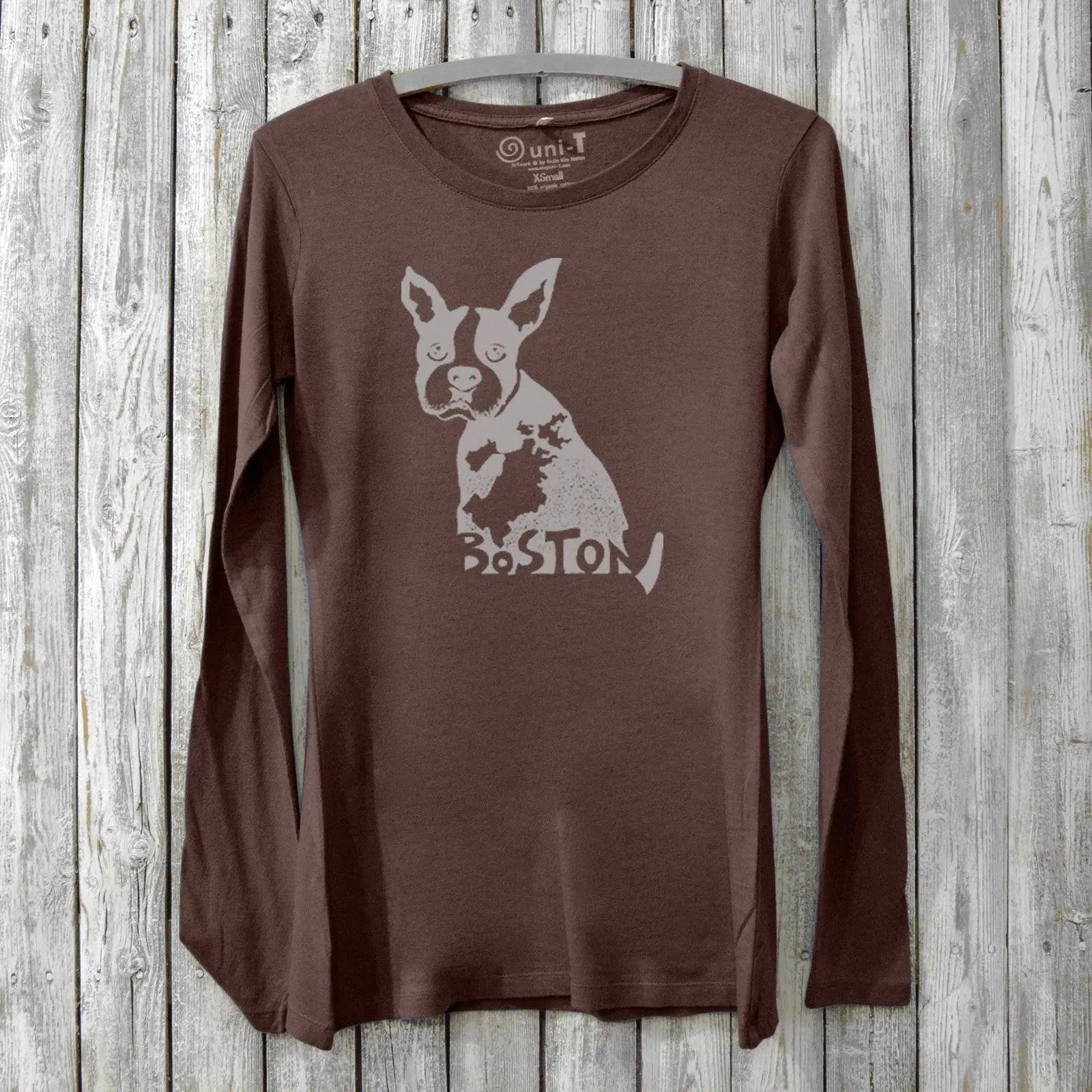 Dark brown women's long sleeve t-shirt with Boston Terrier and Boston map print. Eco-friendly bamboo and cotton blend, ideal for hometown pride.