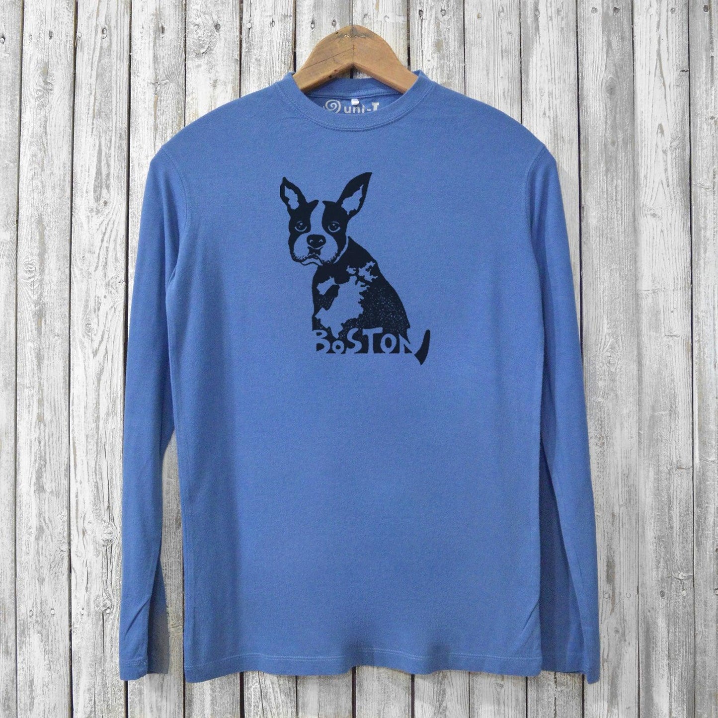 Men's Boston Terrier Tee in blue made from bamboo and organic cotton, featuring a black Boston Terrier graphic and 'Boston' text on chest.