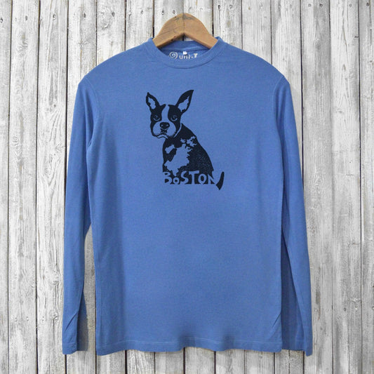 Men's Boston Terrier Tee in blue made from bamboo and organic cotton, featuring a black Boston Terrier graphic and 'Boston' text on chest.