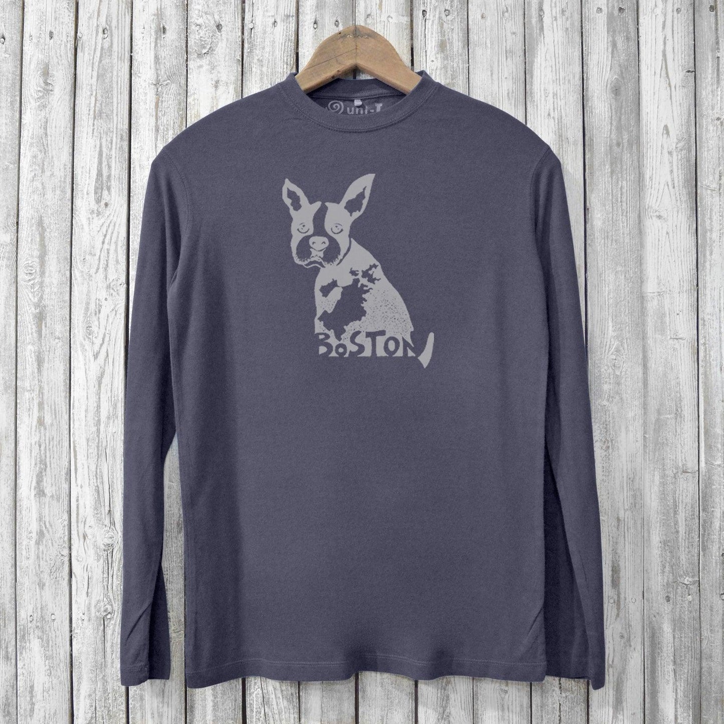 Eco-friendly men's long sleeve Boston Terrier shirt in charcoal, crafted from bamboo and organic cotton with light grey dog graphic print.