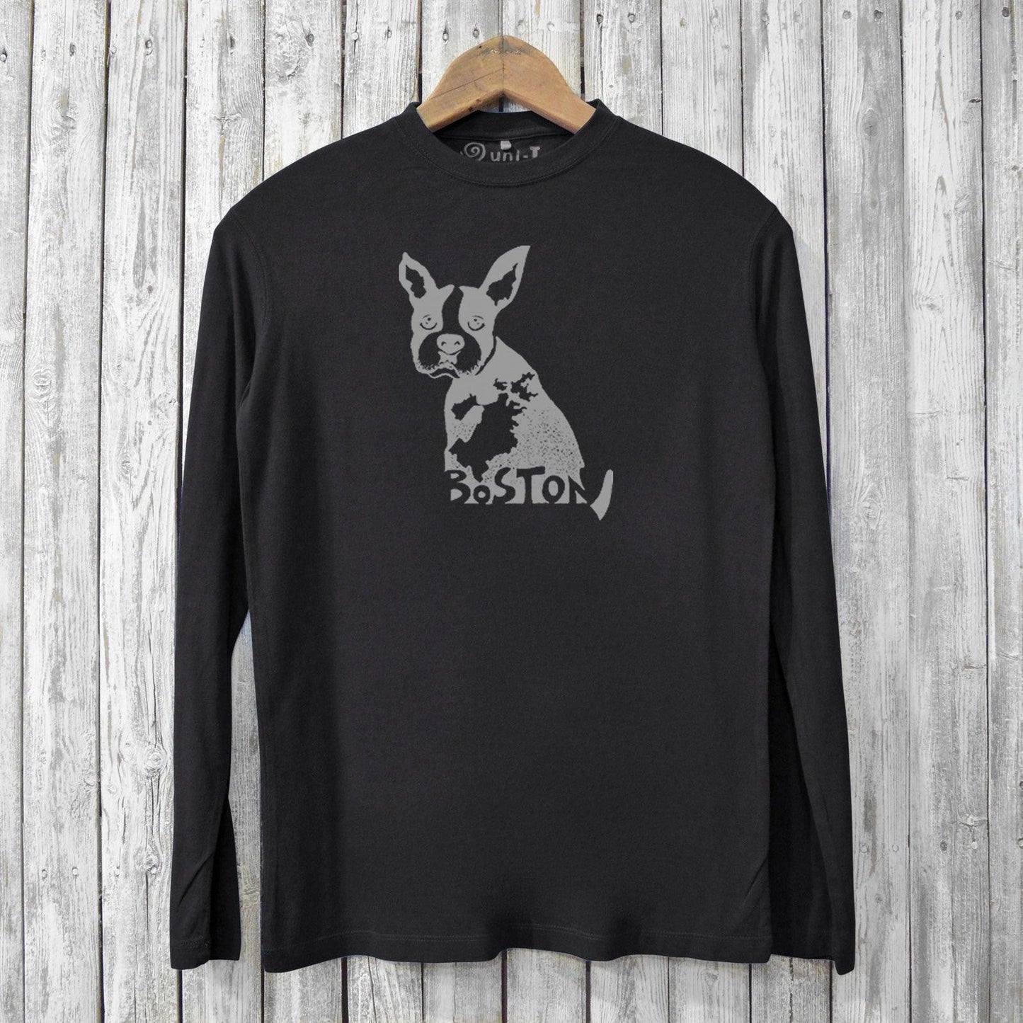 Sustainable black long sleeve men's tee with Boston Terrier design, made from bamboo and organic cotton for dog lovers and city pride.