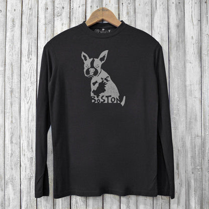 Sustainable black long sleeve men's tee with Boston Terrier design, made from bamboo and organic cotton for dog lovers and city pride.