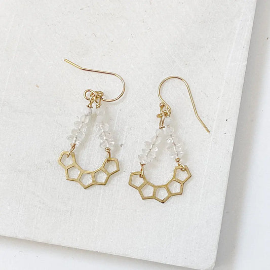 Brass Fan Quartz Earrings featuring a honeycomb brass design with clear quartz beads and gold wire wrapping. Elegant accessory for any occasion.