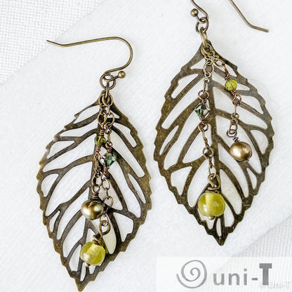 Brass Filigree Leaf Earrings with Glass Beads Lisa Trachtman