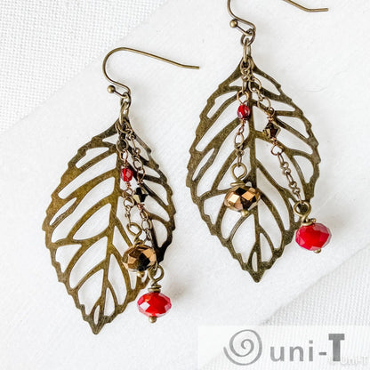 Brass Filigree Leaf Earrings with Glass Beads Lisa Trachtman