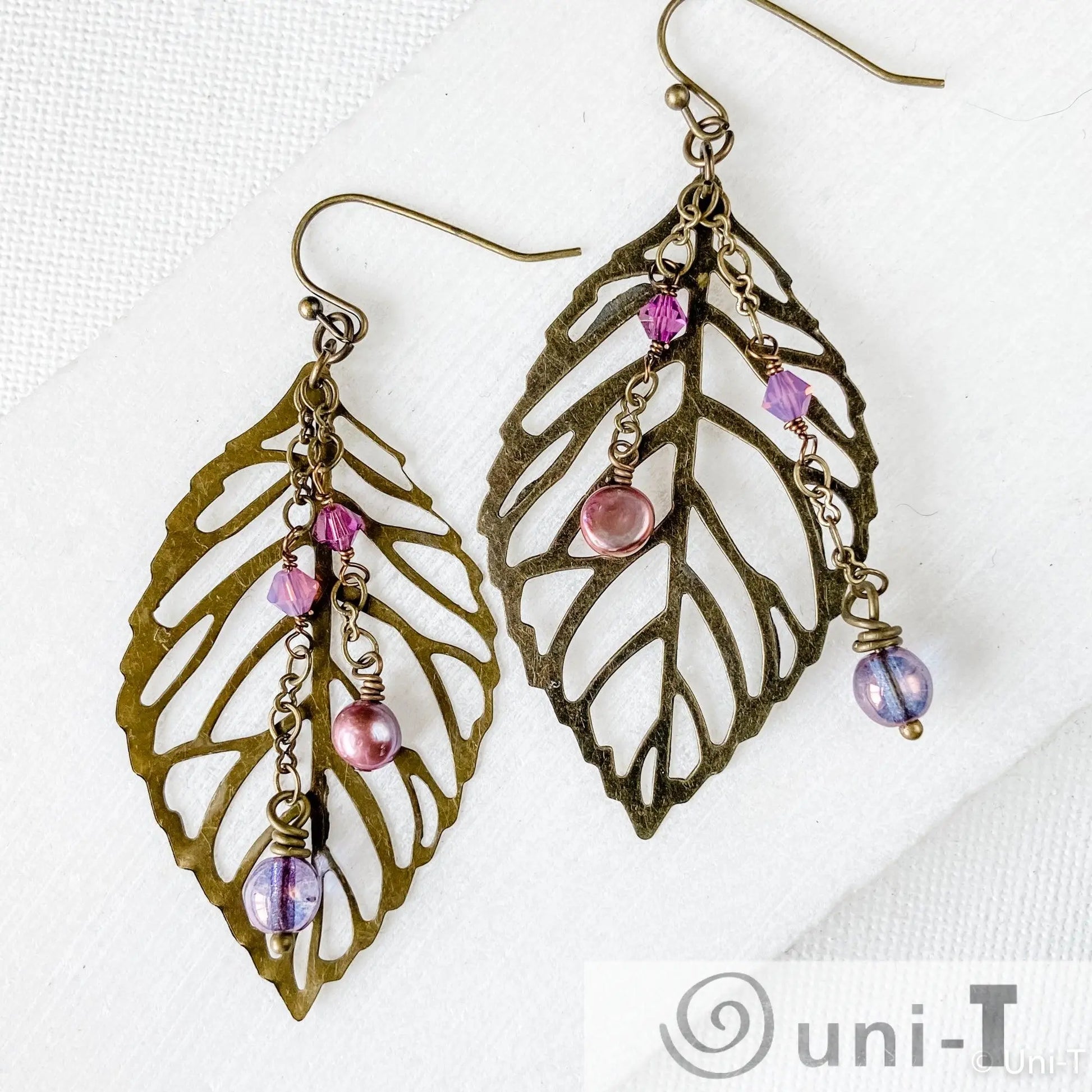 Brass Filigree Leaf Earrings with Glass Beads Lisa Trachtman
