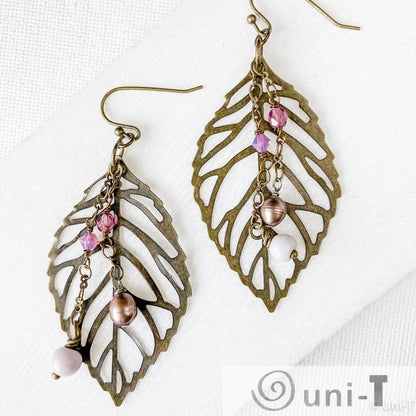 Brass Filigree Leaf Earrings with Glass Beads Lisa Trachtman