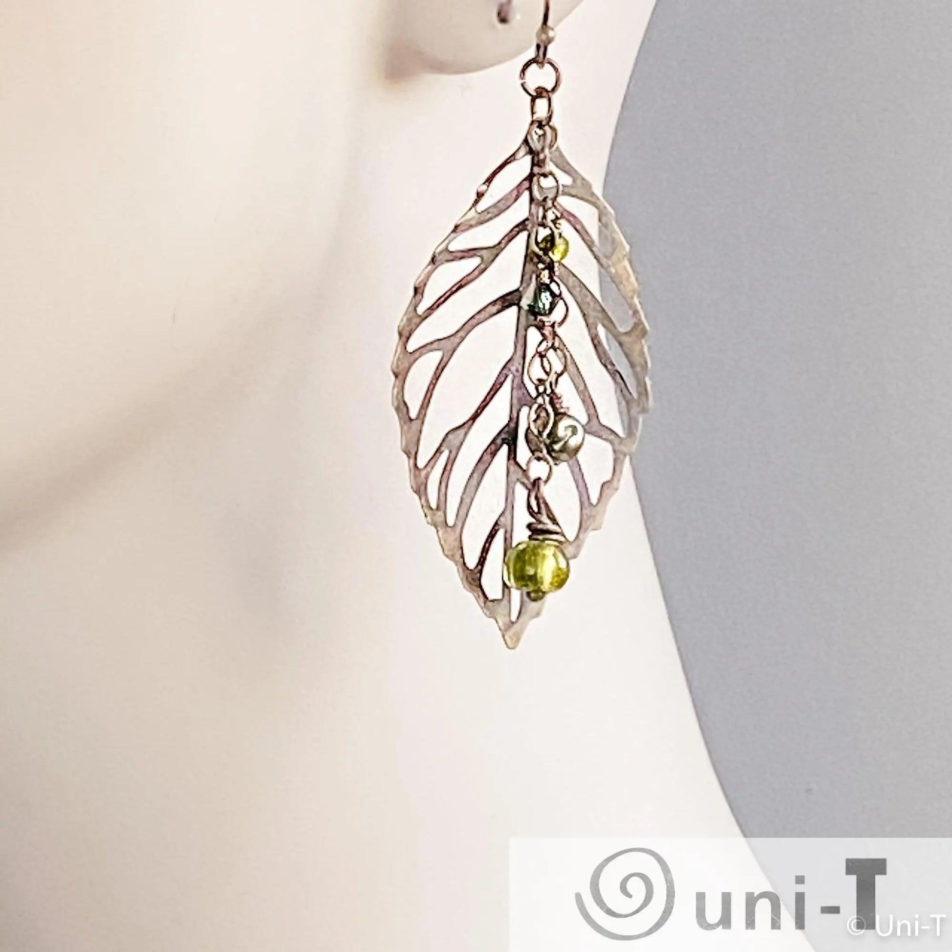 Brass Filigree Leaf Earrings with Glass Beads Lisa Trachtman