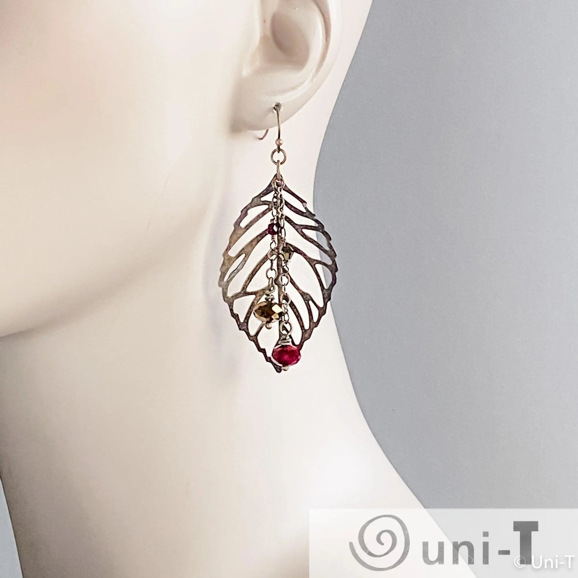 Brass Filigree Leaf Earrings with Glass Beads Lisa Trachtman